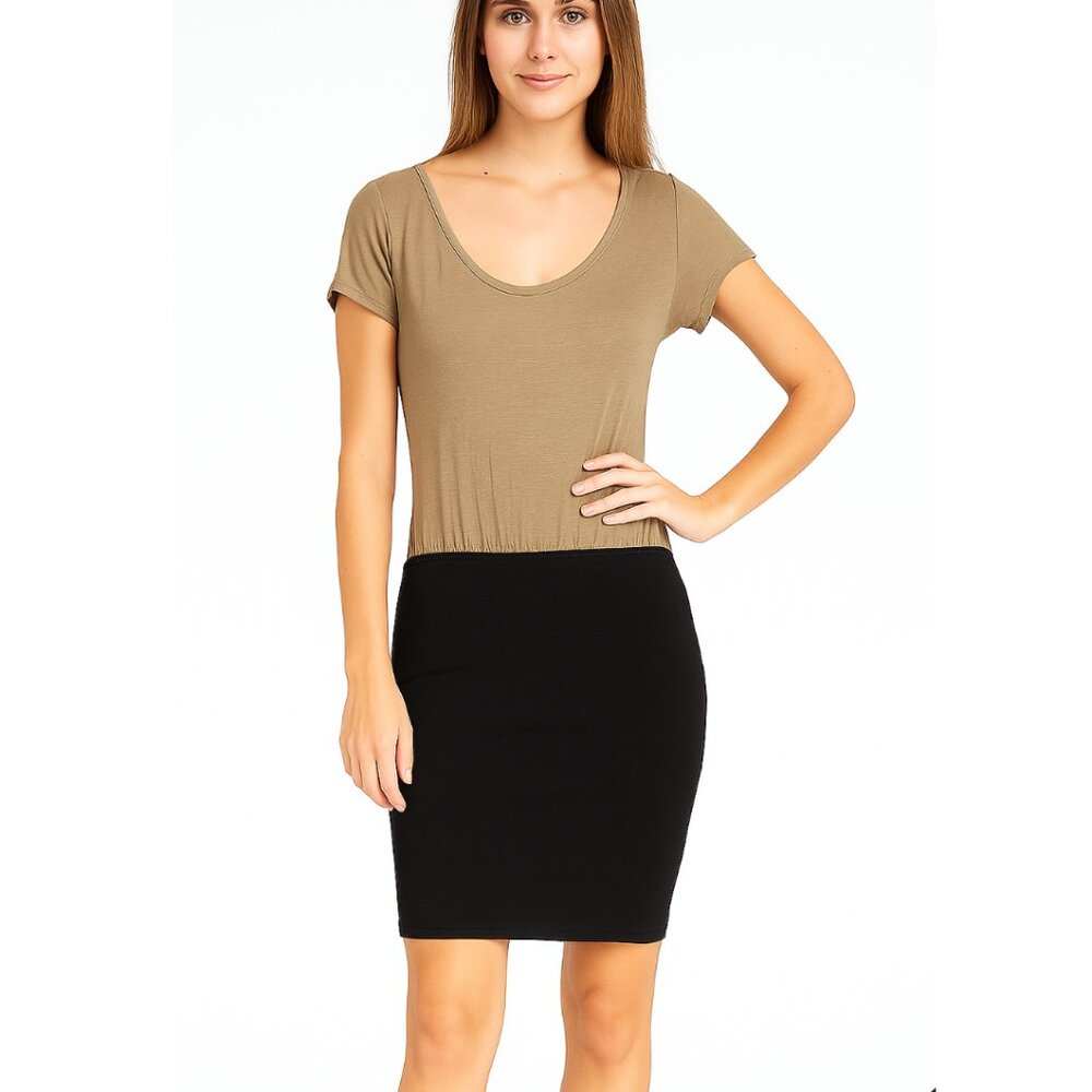 LNA Short Sleeve Shirt Dress Women's Size Small Tan Black Pencil Skirt